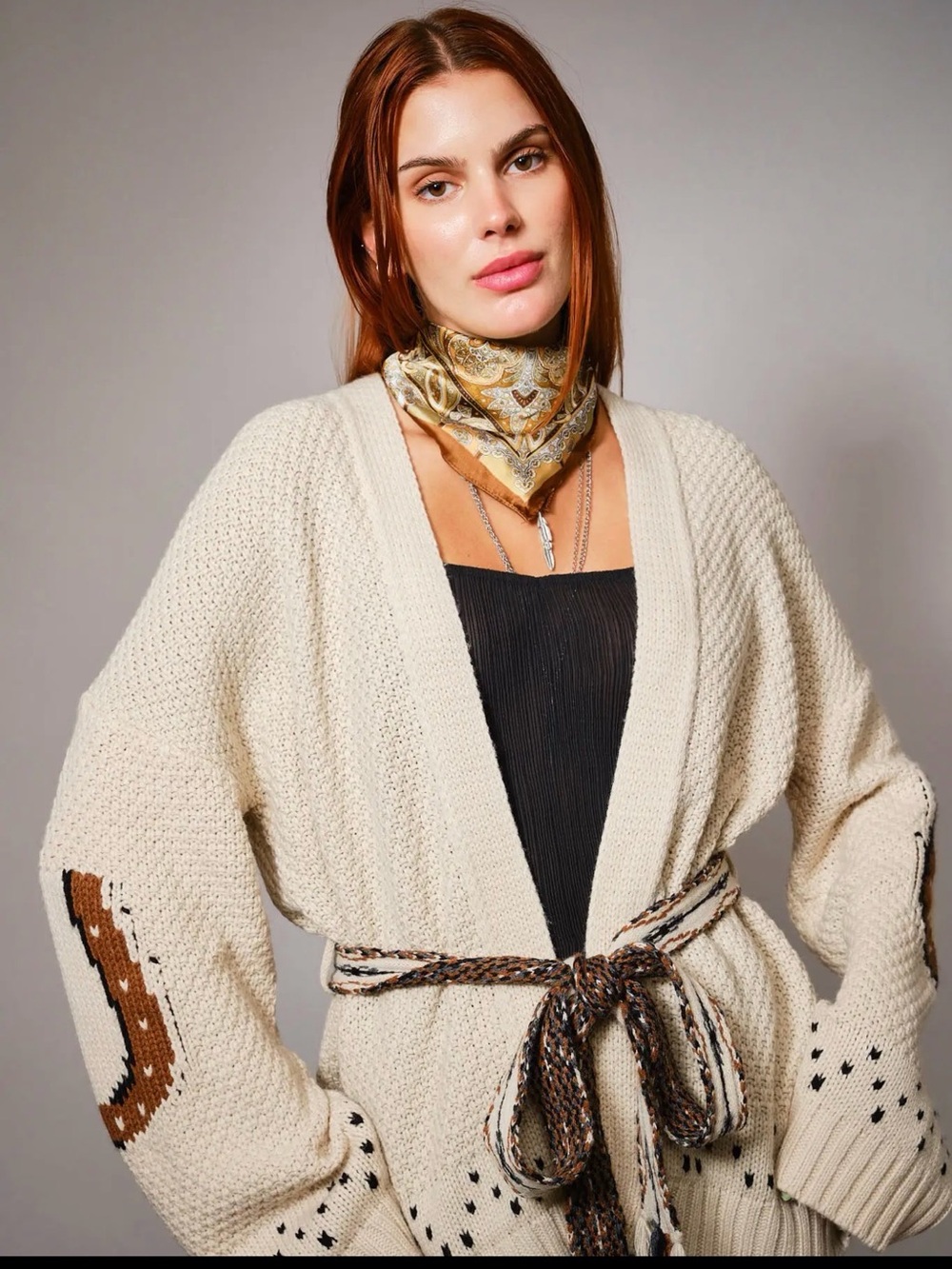 Women's Cream Open-Front Knit Cardigan with Belt